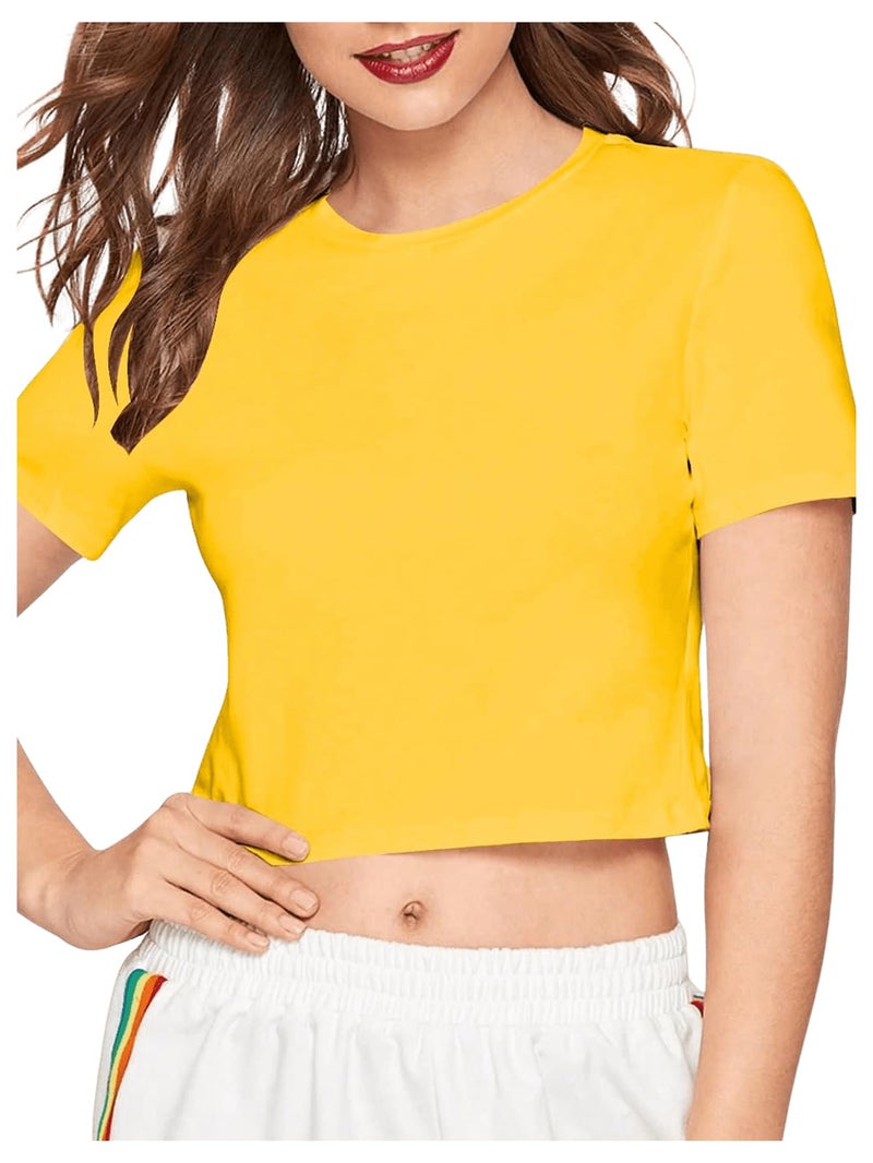 SweatyRocks Women's Casual Short Sleeve Crew Neck Basic Crop Top T Shirts Yellow M - Image 5